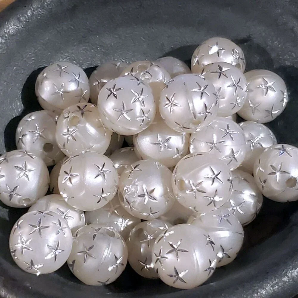Vintage Retro Gray Silver Stars 12mm Round Acrylic Shabby Chic Beads 10 pcs